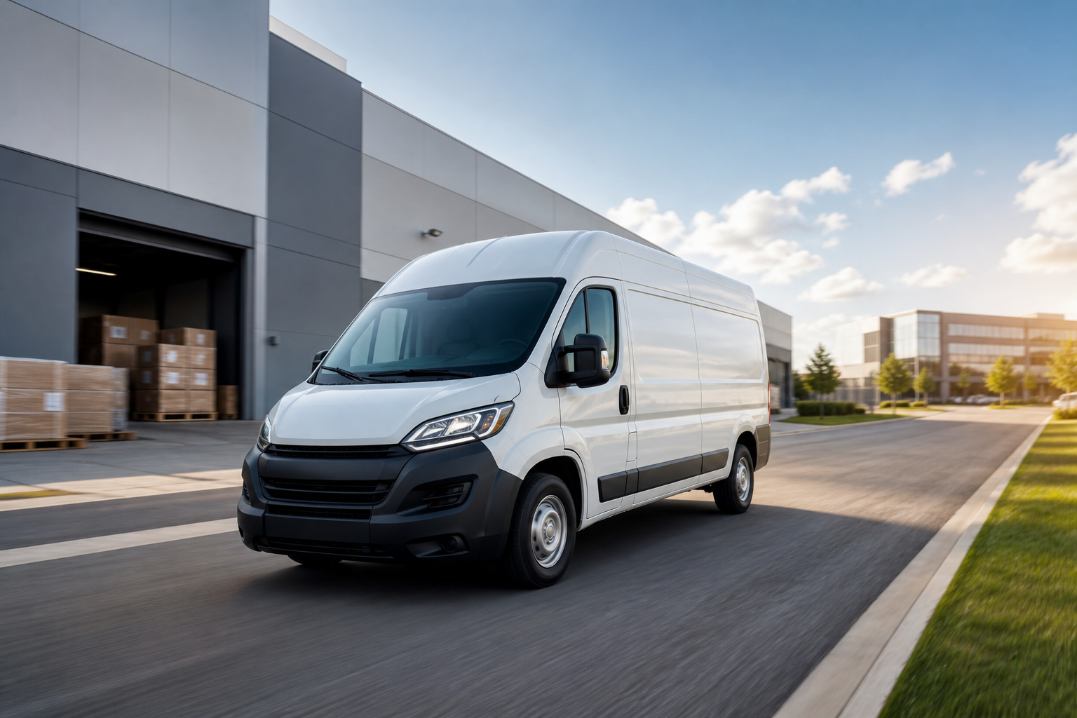 White cargo van driving through a clean industrial delivery route