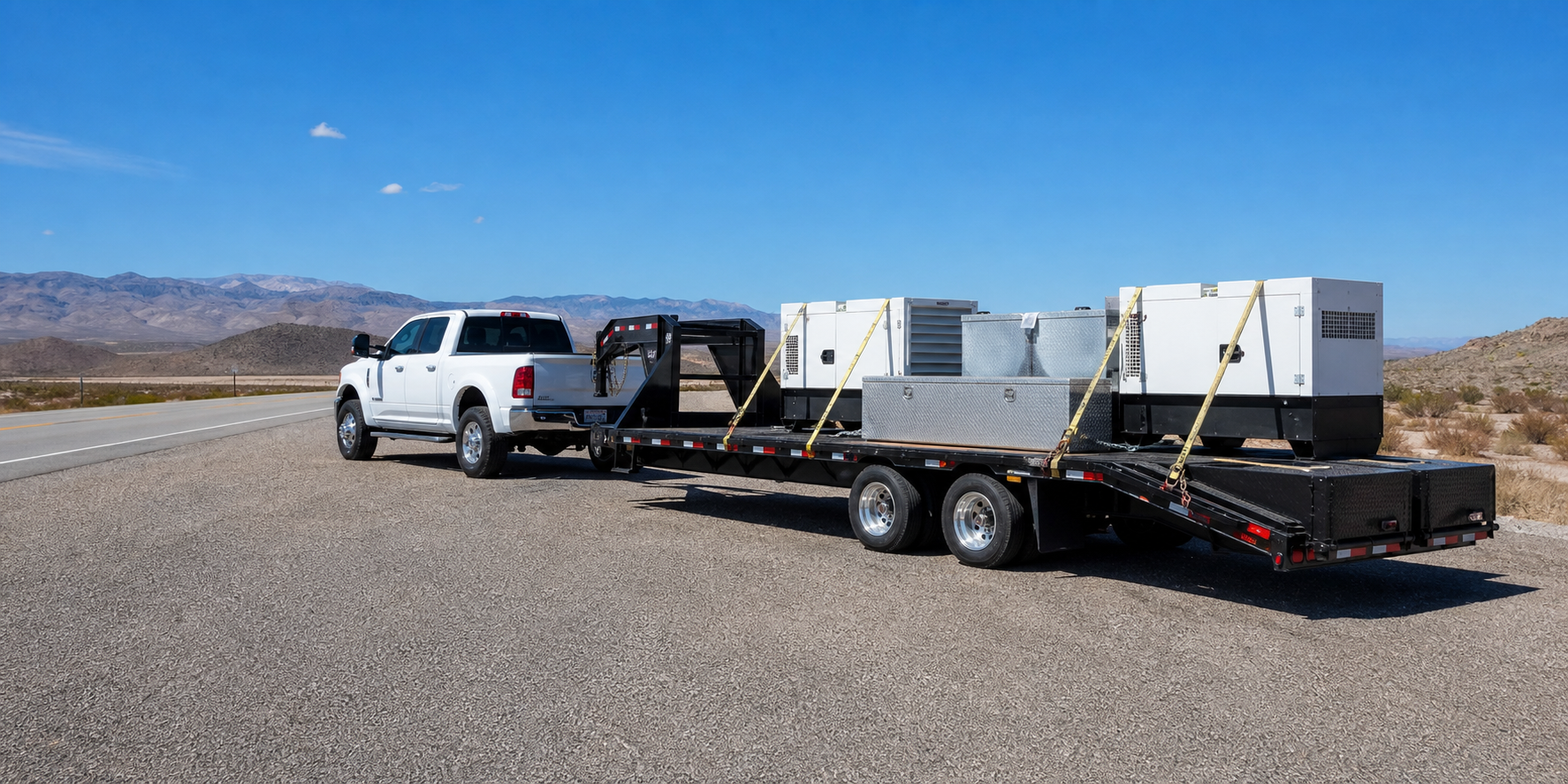 Hot shot pickup with gooseneck trailer carrying generators on a desert highway