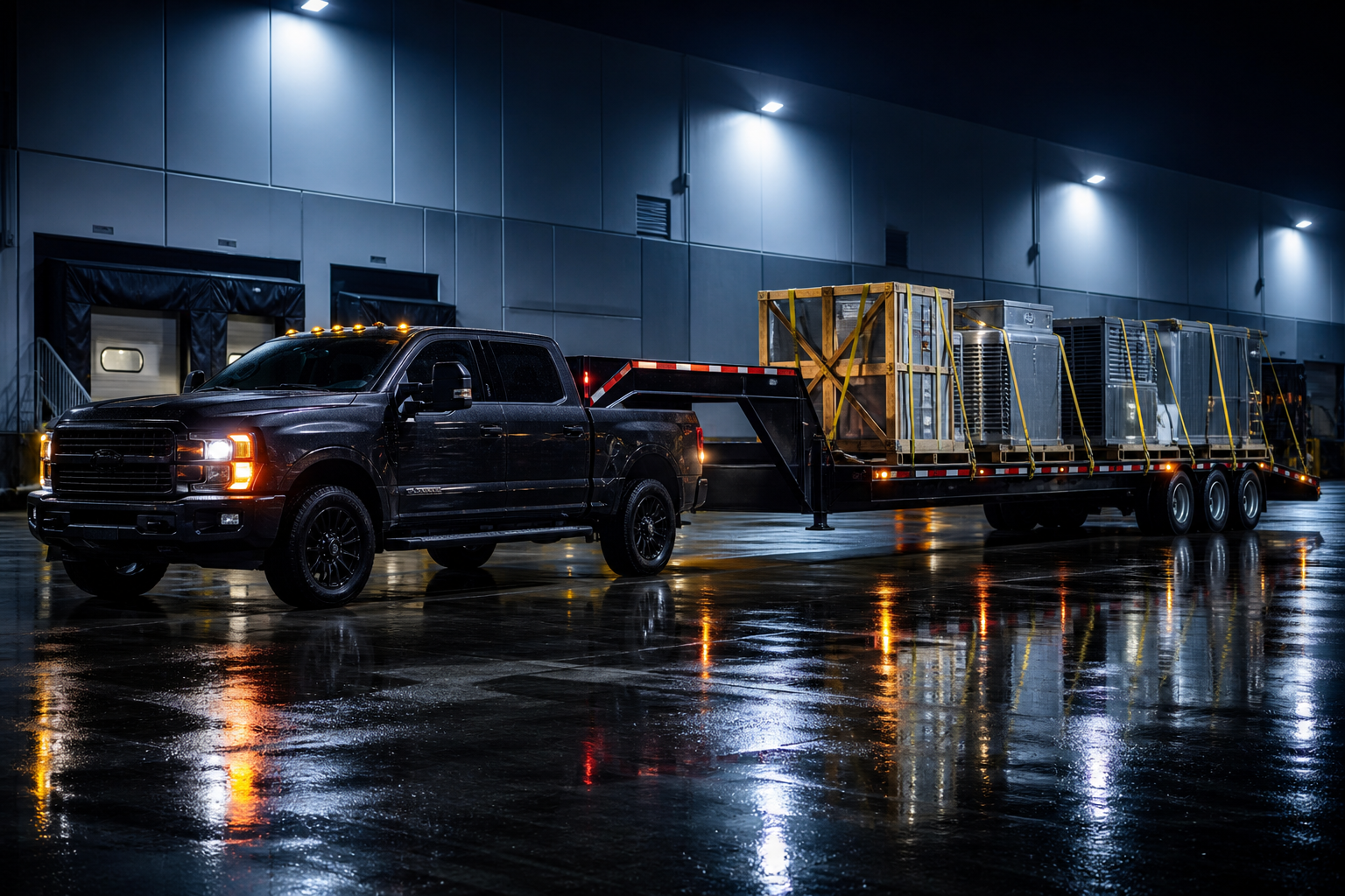 Hot shot truck hauling secured HVAC units and crated machinery at a warehouse at night
