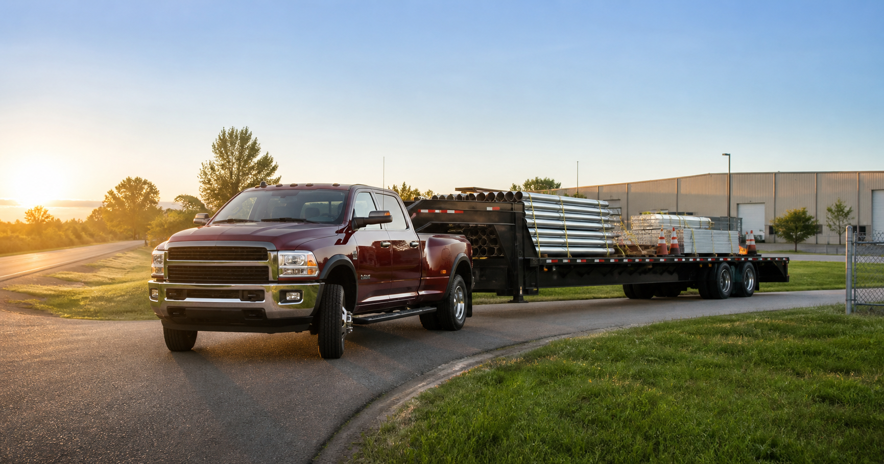Hot shot pickup and gooseneck trailer hauling secured pipe bundles near an industrial park