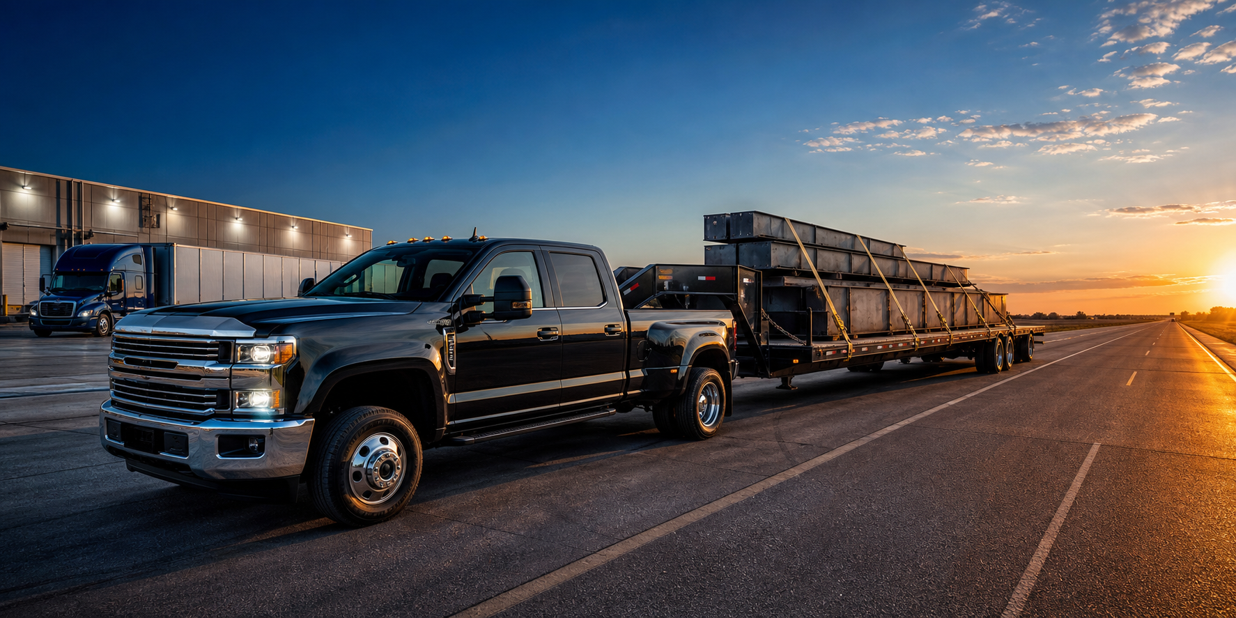 Hot shot pickup truck pulling a gooseneck flatbed trailer with secured freight